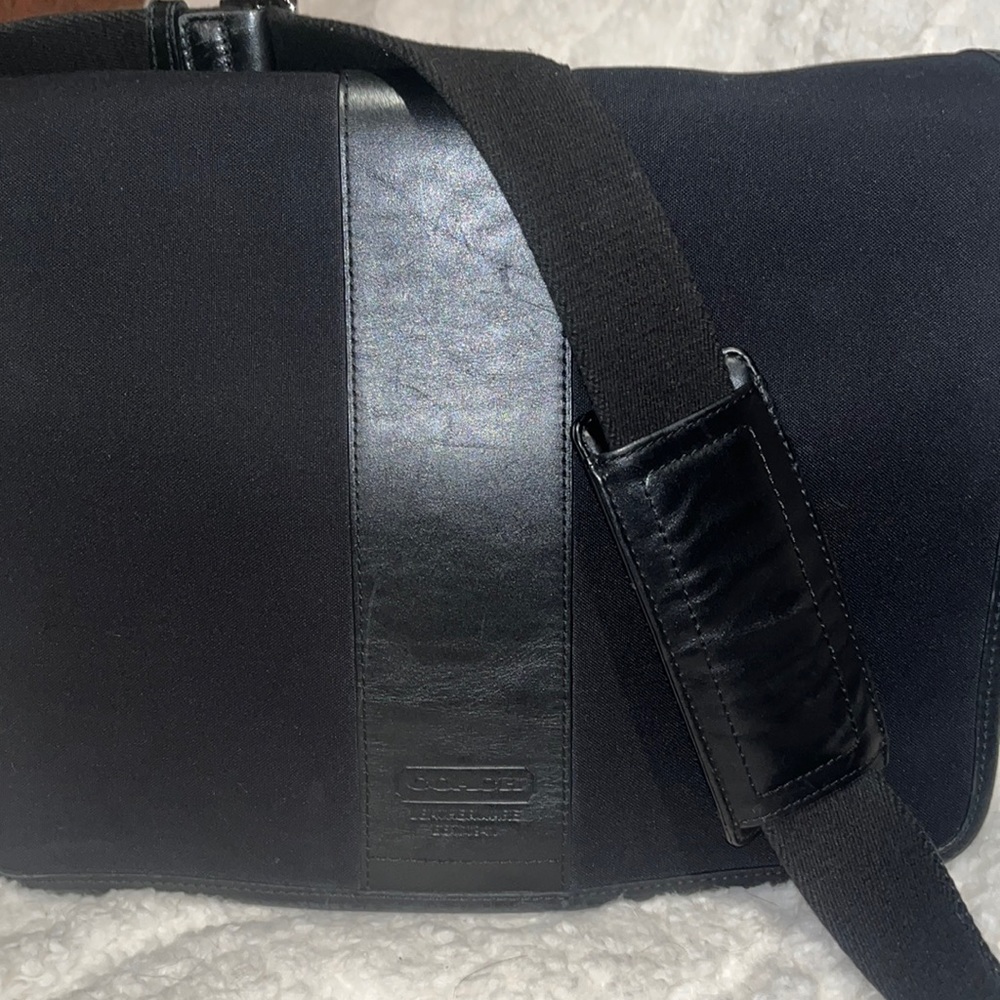 Black coach, large messenger, bag, soft canvas, material, all leather trim